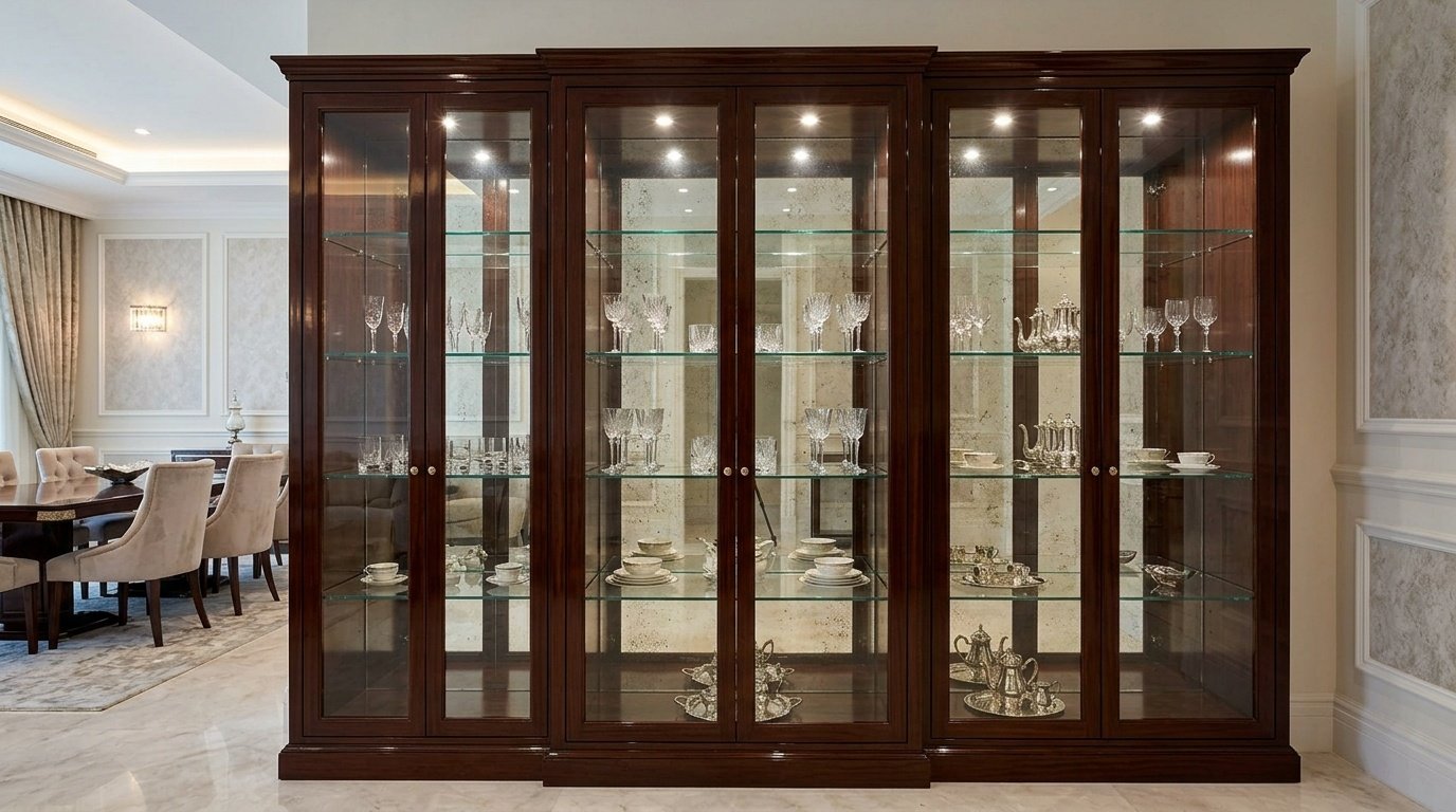 Luxury mahogany dining cabinet with mirrored back, District One Dubai.