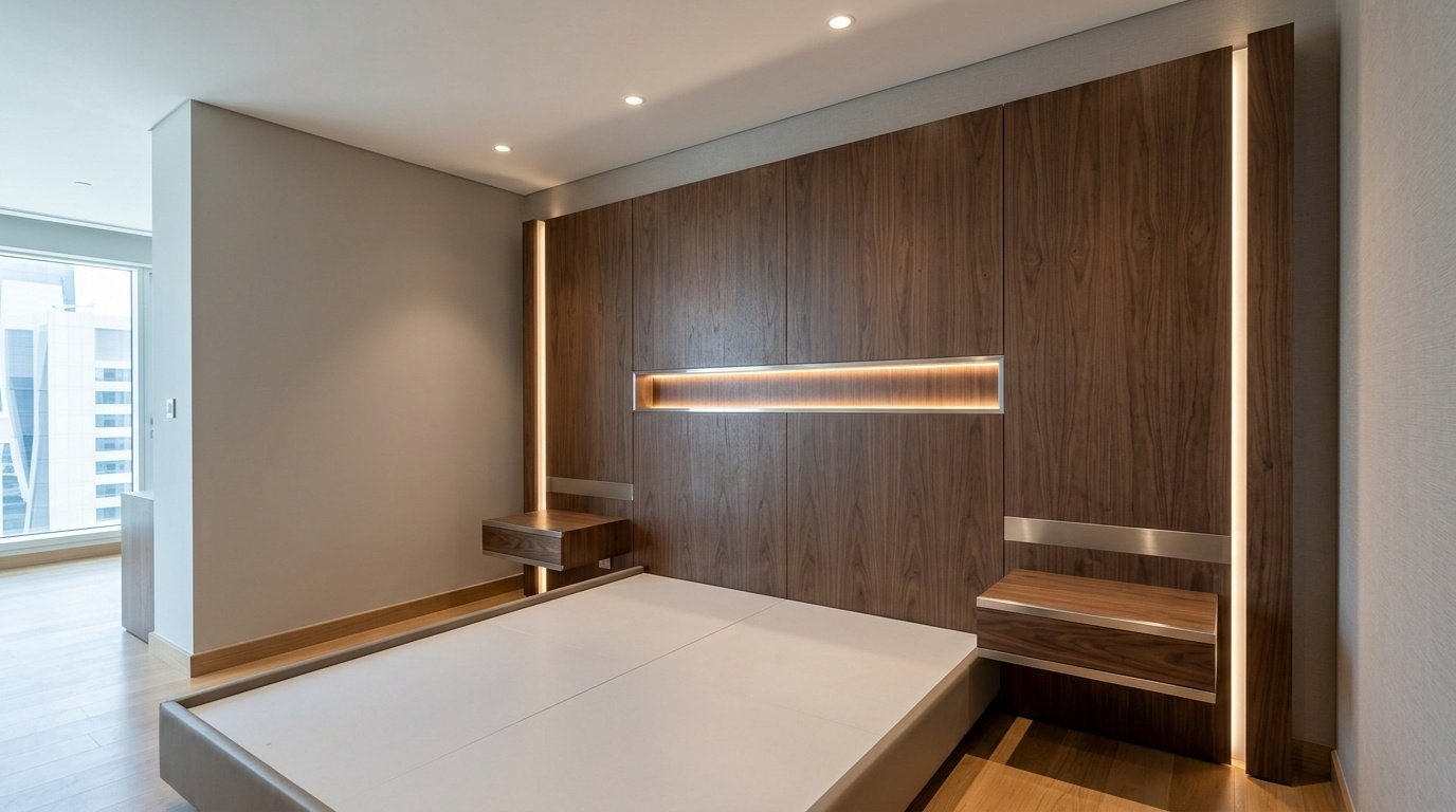 Contemporary integrated headboard and nightstand joinery with LED lighting in an Abu Dhabi hotel room.