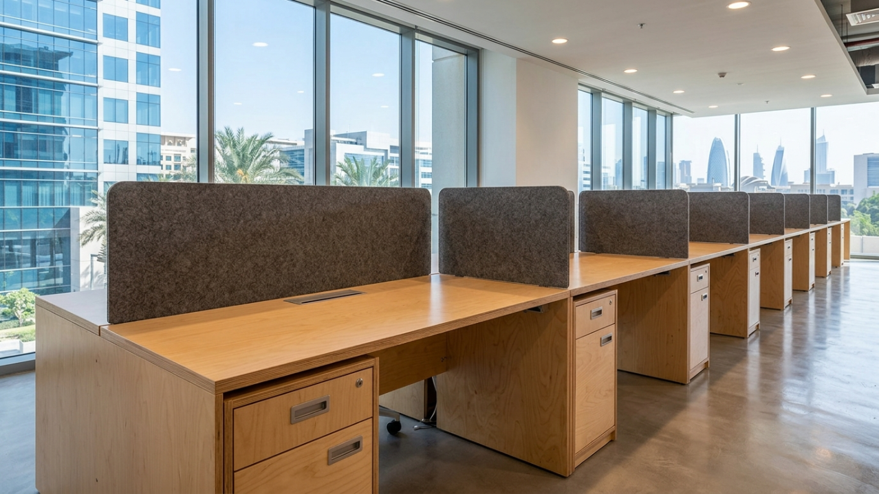 modern light birch plywood workstations with integrated felt screens in Dubai Internet City.