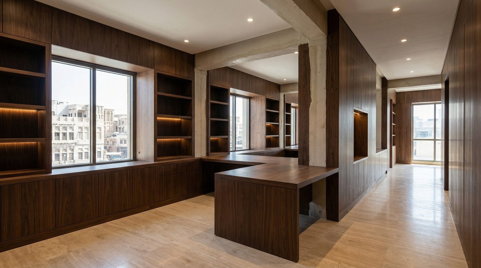 Modern custom dark wood wall paneling and fitted cabinets adapted to an older Deira office structure.