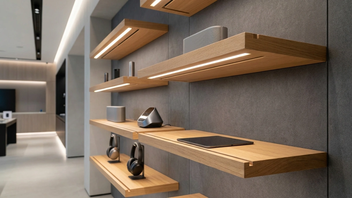 Sleek floating light oak shelves with integrated LED lighting for electronics retail display, Dubai.