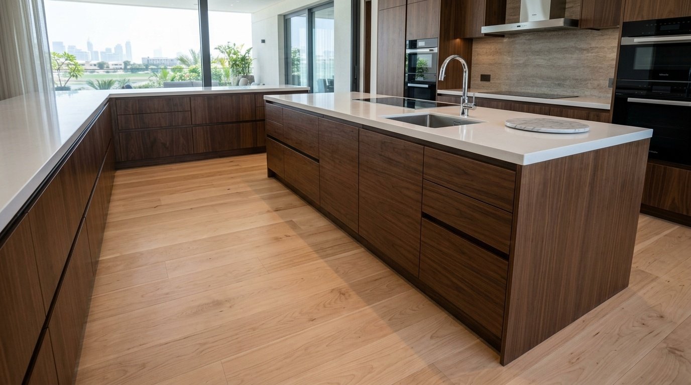 Wide-plank Maple flooring integrated with modern kitchen cabinetry in Dubai.