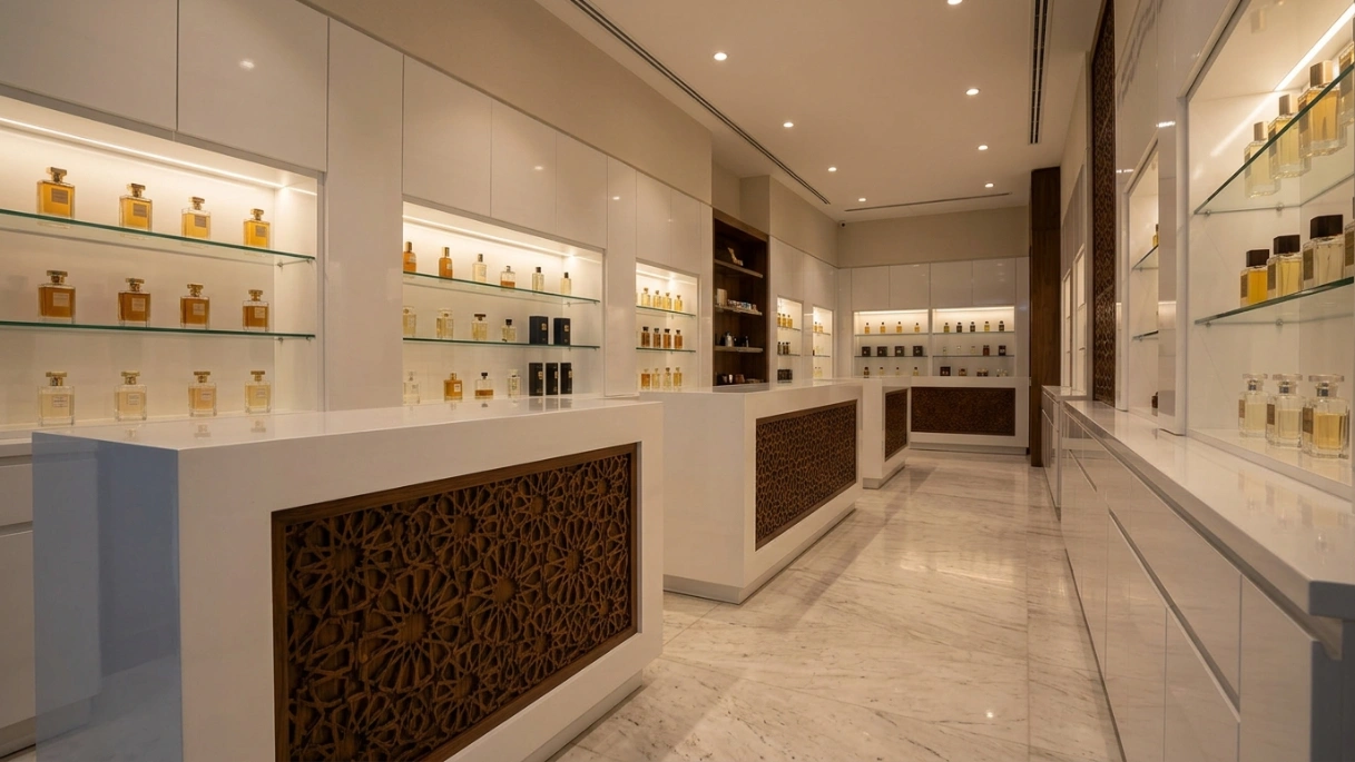 Modern white lacquered retail counters with integrated traditional Mashrabiya patterned wood carving, Dubai