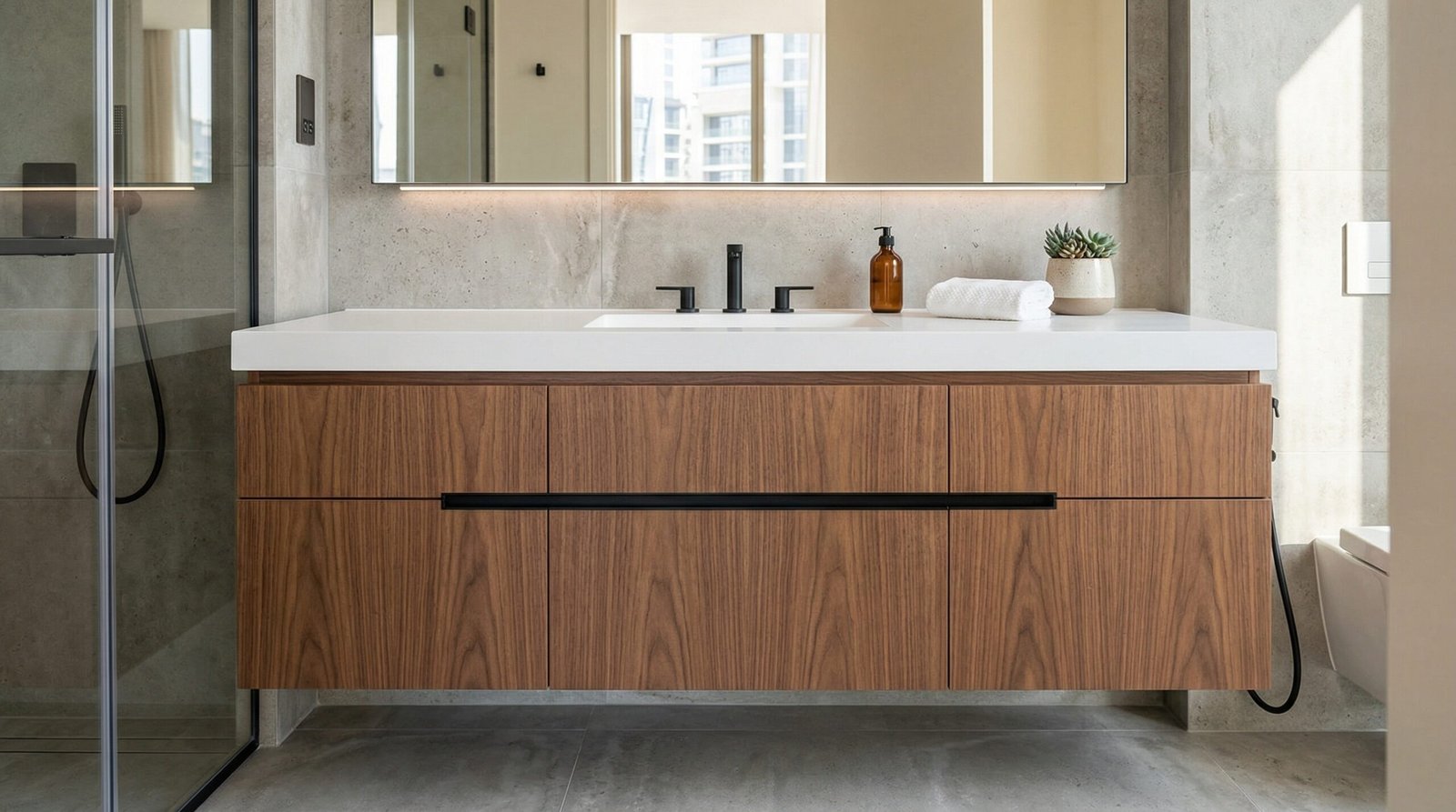 Minimalist custom walnut bathroom vanity with matte black accents and integrated storage, Karnak Carpentry project in City Walk, Dubai.