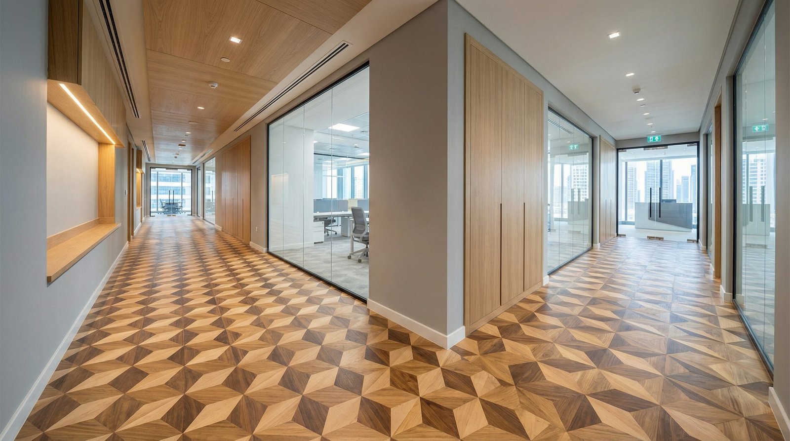 Modern 3D-effect mixed-wood parquet flooring in a corporate office corridor in Business Bay.
