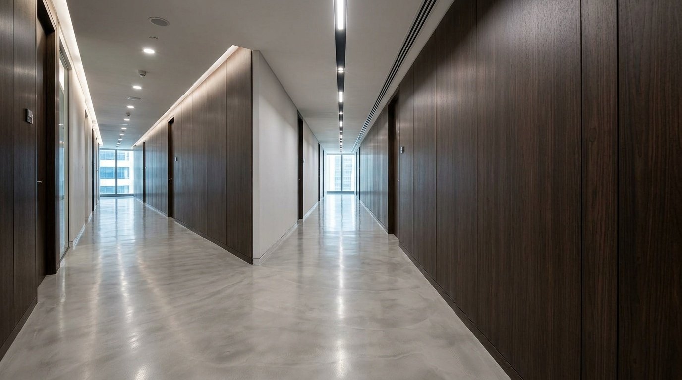 Polished concrete-effect commercial LVT flooring in a modern DIFC office corridor with wood joinery.
