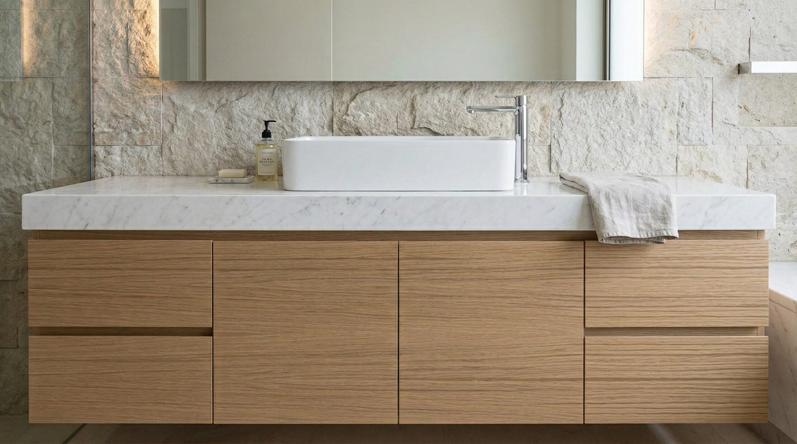 Modern bathroom vanity in rift-sawn oak with sleek design and ample storage, custom carpentry in Meydan, Dubai.