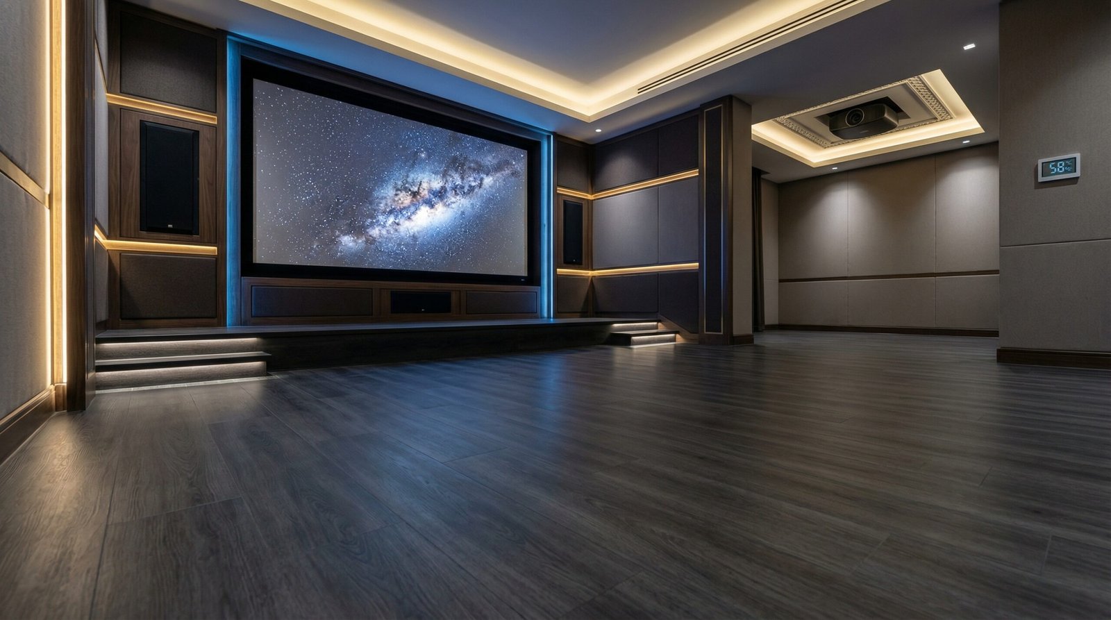 Moisture-resistant charcoal LVT flooring in an Emirates Hills basement cinema by Karnak Carpentry.
