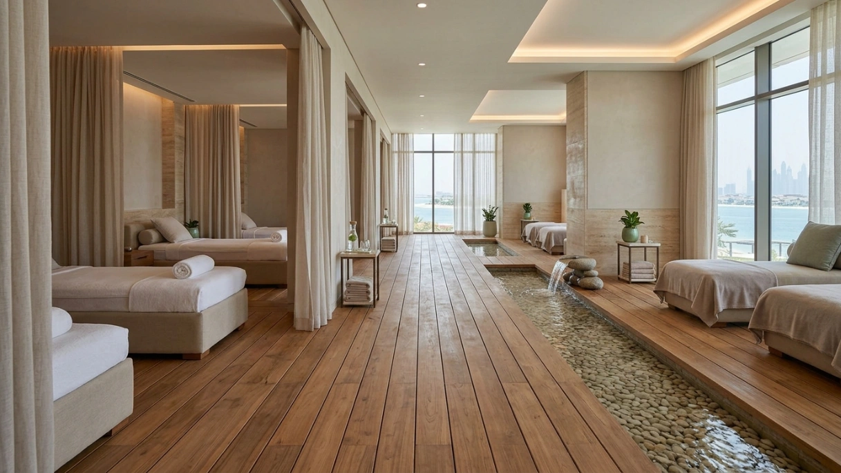 Calming spa environment on Palm Jumeirah featuring moisture-resistant wide-plank teak flooring installed by Karnak Carpentry.