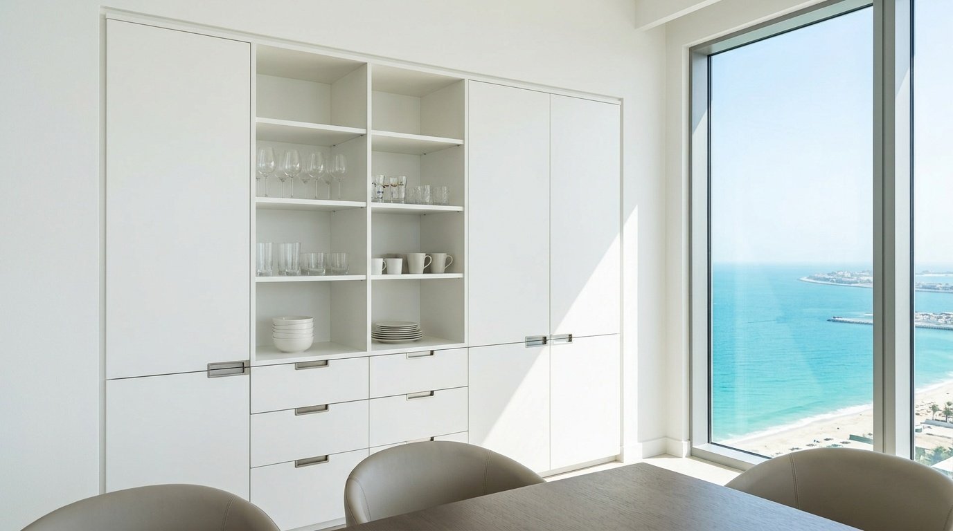 Moisture Resistant White Custom Built In Dining Cabinet In A Jbr Apartment.