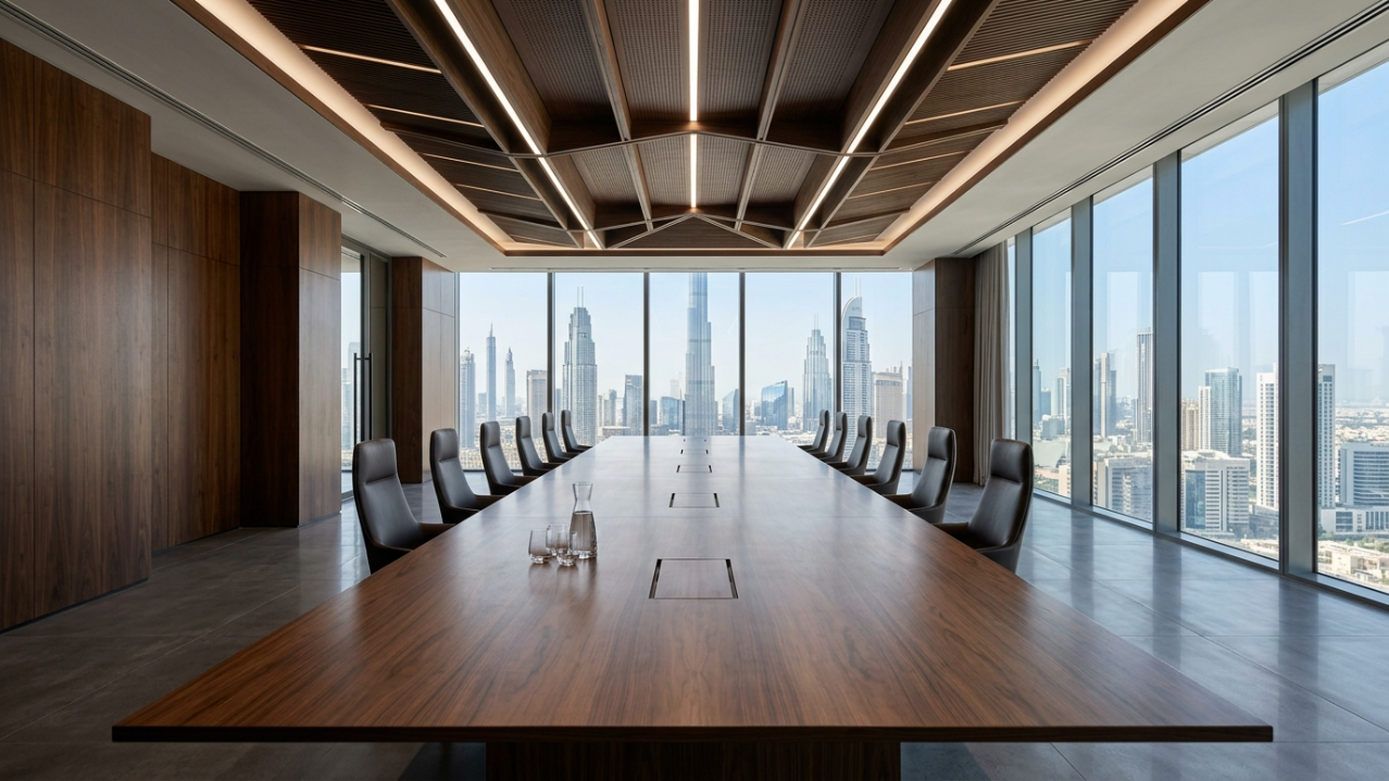 7-meter bespoke smoked eucalyptus veneer conference table in a Downtown Dubai boardroom.