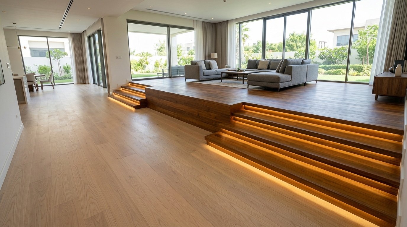Multi-level Ash and Teak wood flooring with integrated lit steps in Sharjah.