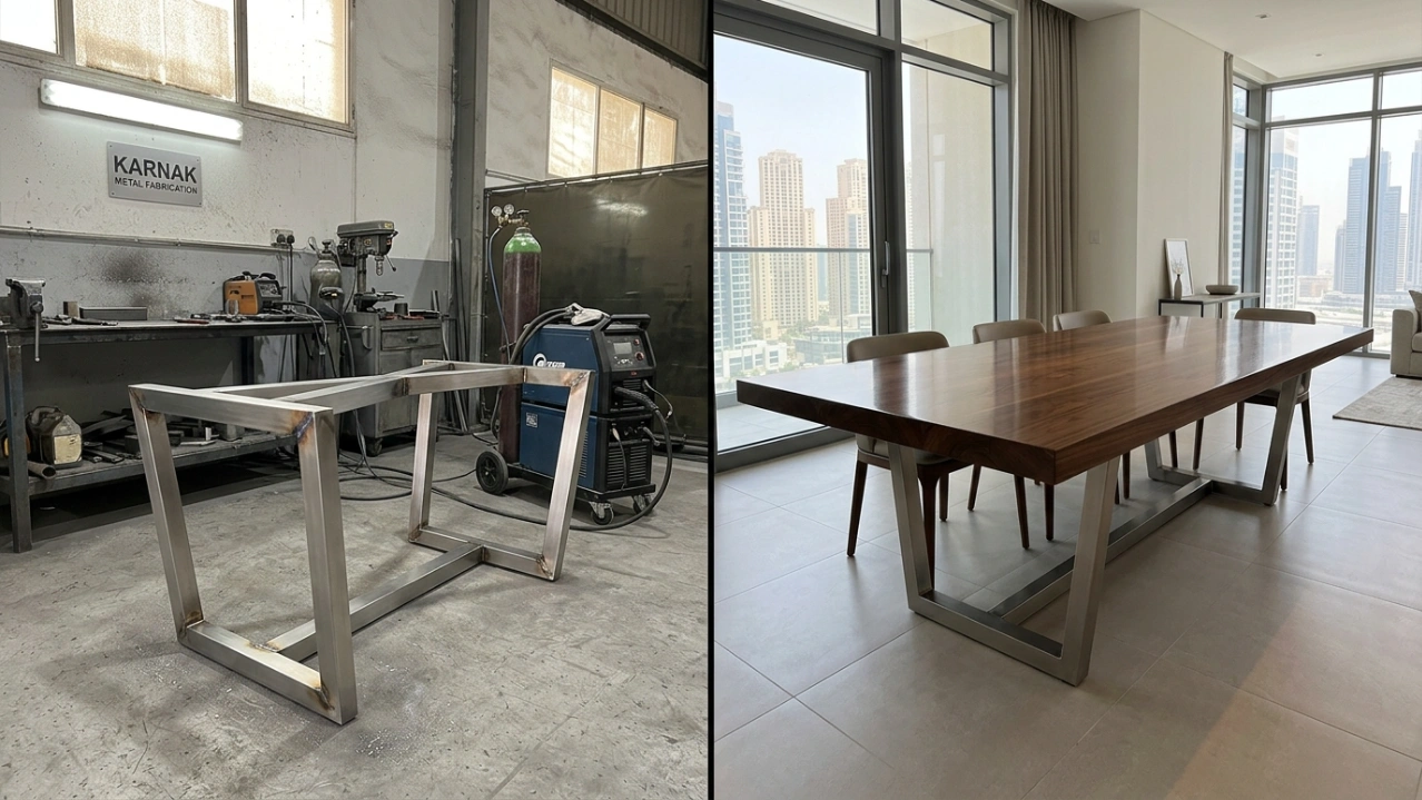 In-house fabrication showing steel welding and the final assembled custom dining table in a Dubai workshop.