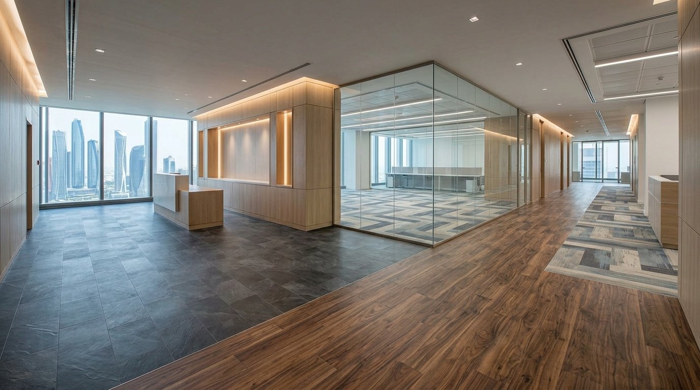 Diverse LVT patterns defining varied zones in a large Abu Dhabi office fit-out by Karnak Carpentry.