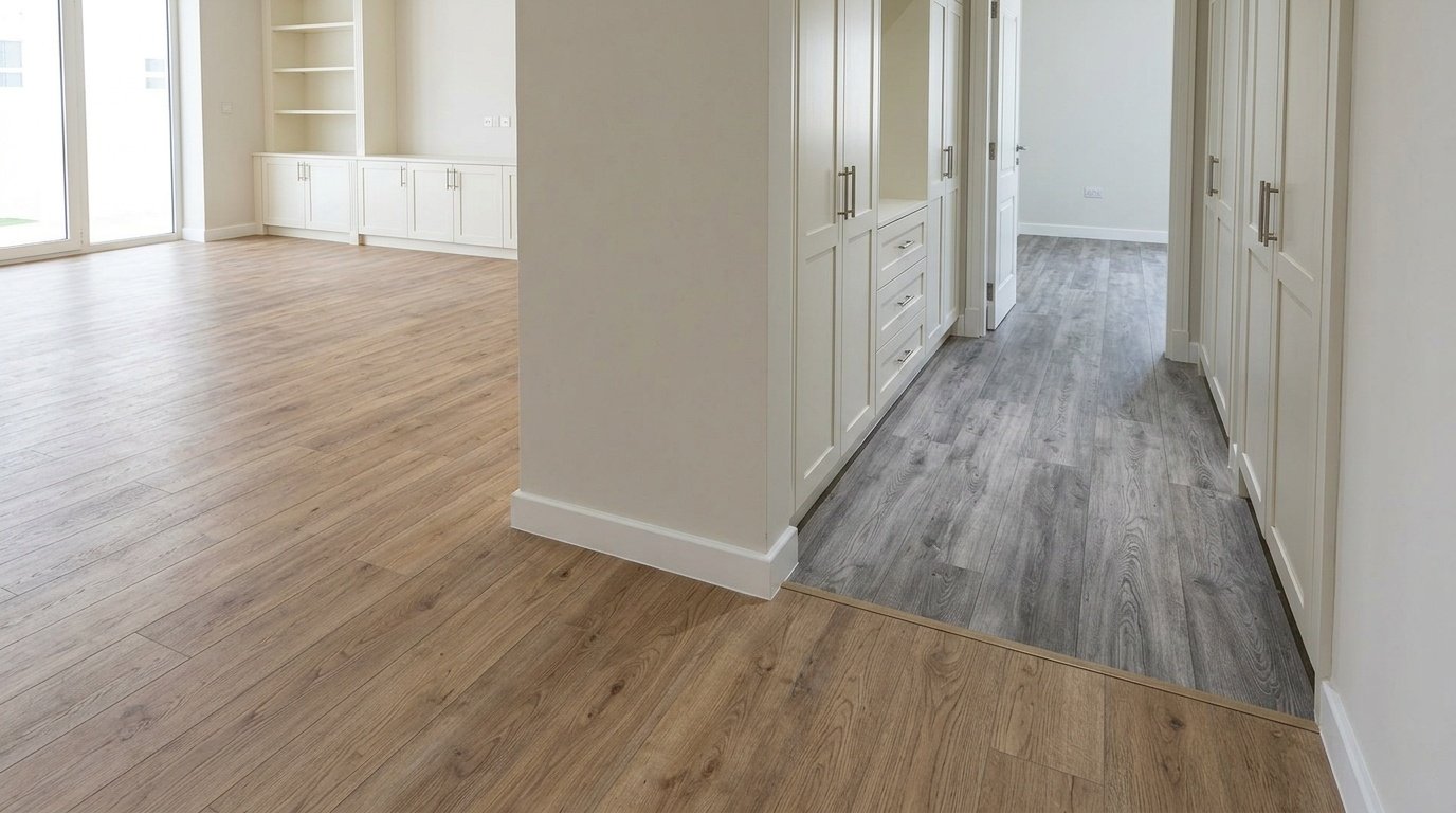 Seamless wide oak and grey wood-grain LVT flooring throughout a modern Al Barsha villa with custom joinery.