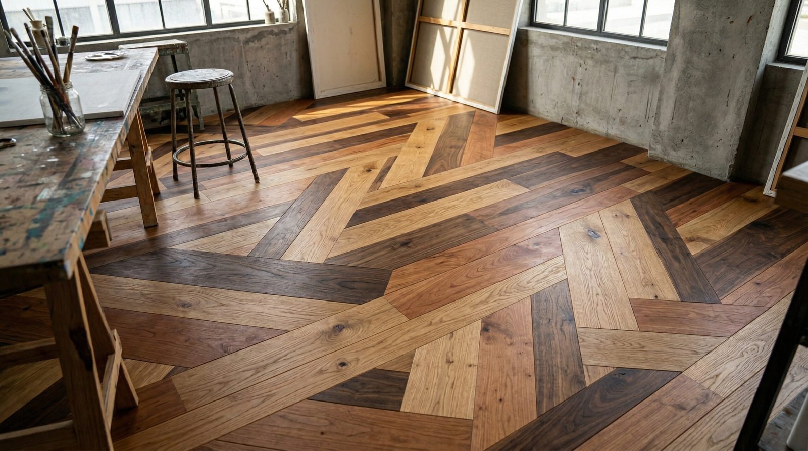 Random plank multi-species parquet flooring, Al Quoz creative studio.