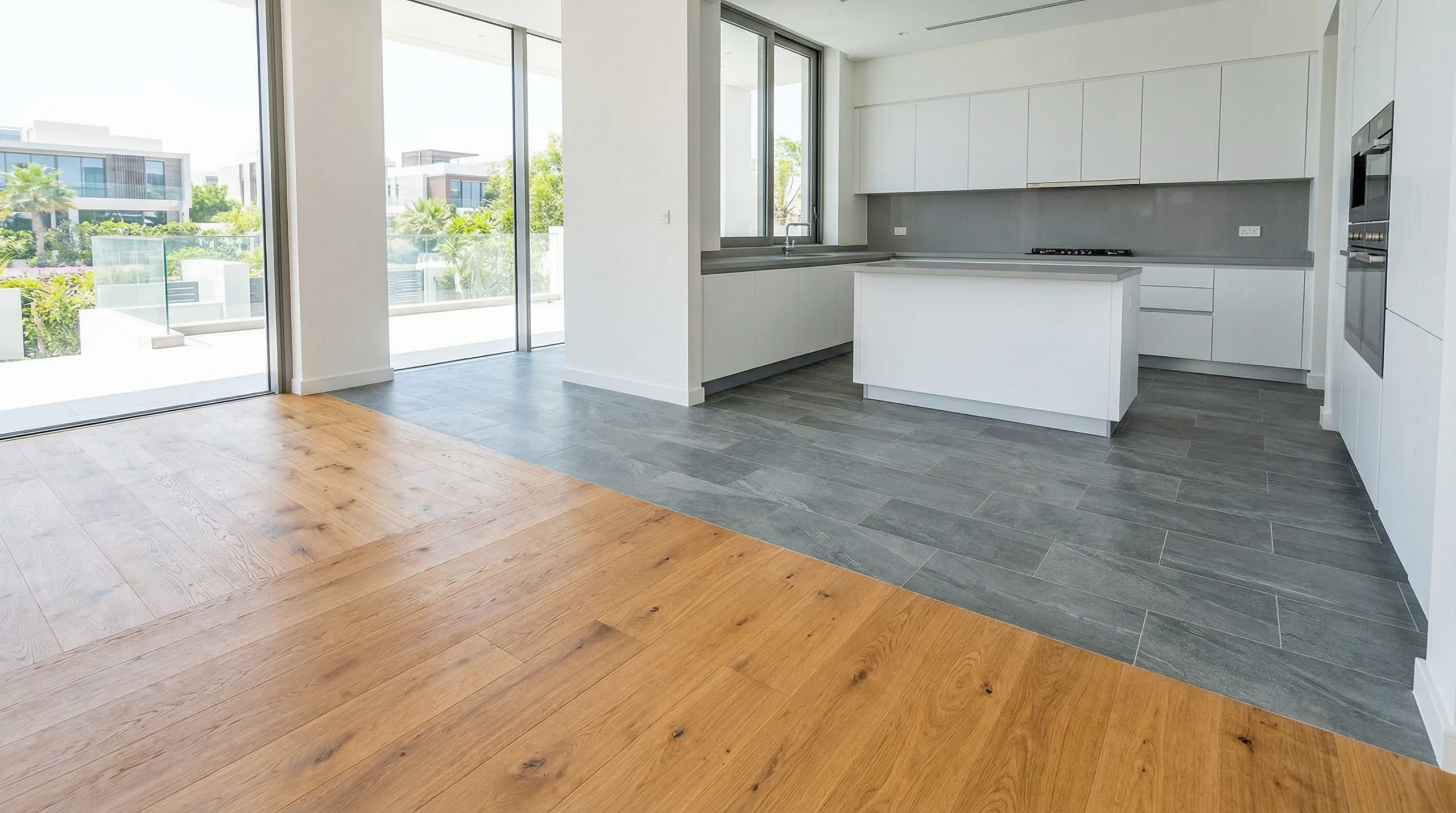 Integrated oak and grey tile-effect laminate flooring in a modern Jumeirah villa with custom kitchen cabinets.