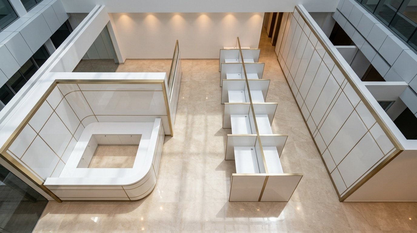 Overhead view of multi-zone commercial carpentry solutions across reception, workstations, and corridors in a UAE business center