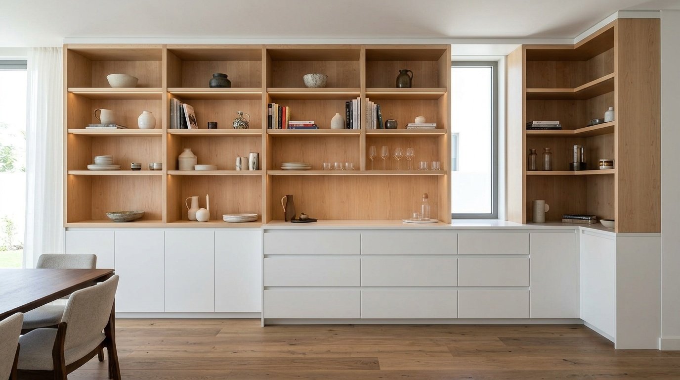Multi Functional Maple And White Custom Dining Wall Unit In A Mirdif Villa.