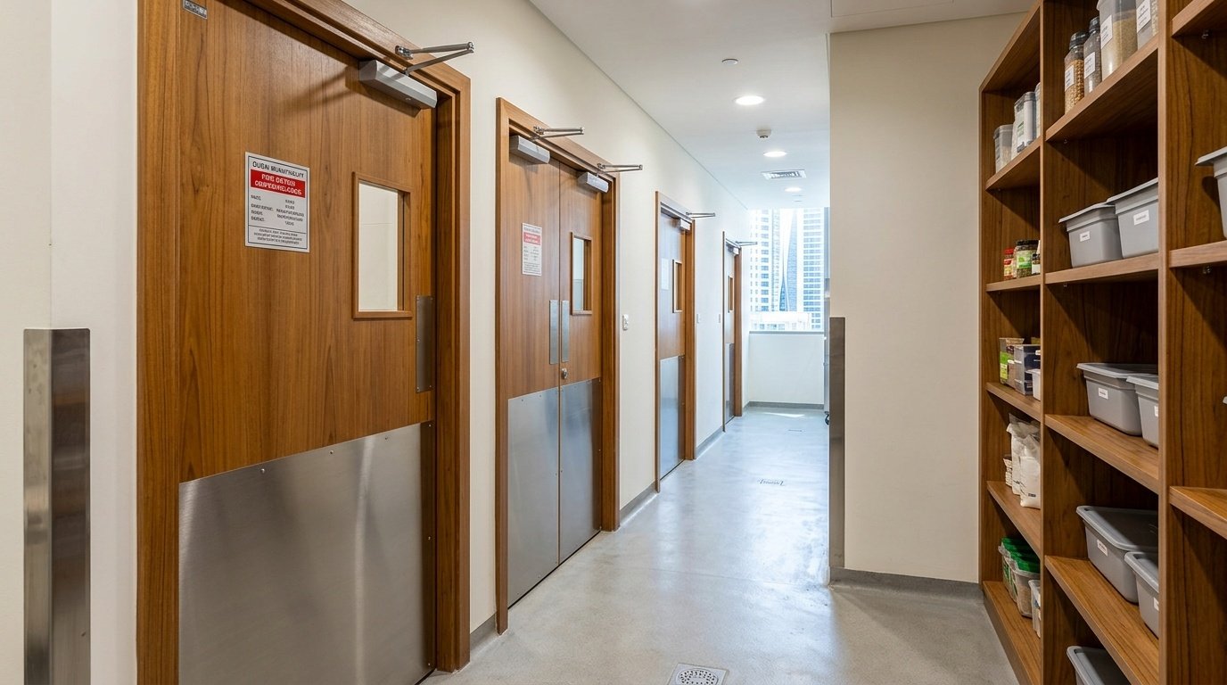 Fire-rated custom wooden service doors and storage joinery complying with Dubai Municipality standards