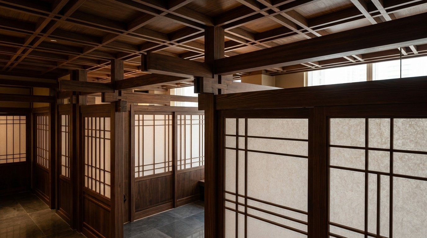 Traditional Japanese-style cedar wood wall paneling and interlocking ceiling grids at Nara, DIFC.