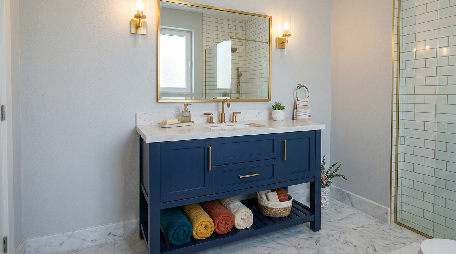 Smart navy blue guest bathroom vanity with gold accents and open shelving, installed in Damac Hills.