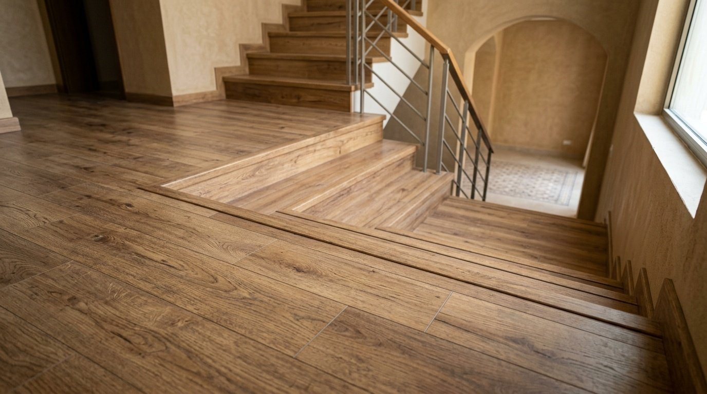 Continuous Oak laminate flooring transitioning into integrated steps descend to a majlis.