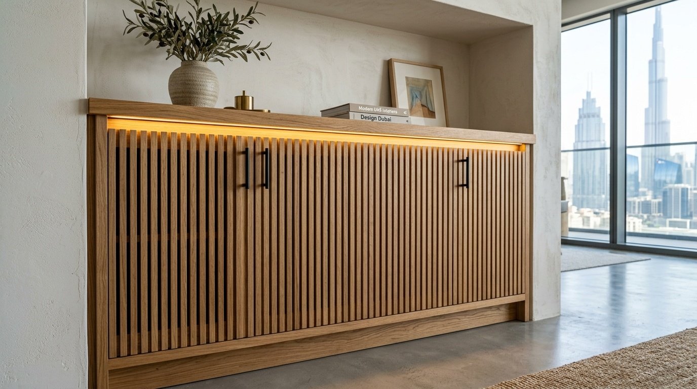Custom oak slatted dining cabinet with integrated LED lighting, Downtown Dubai.