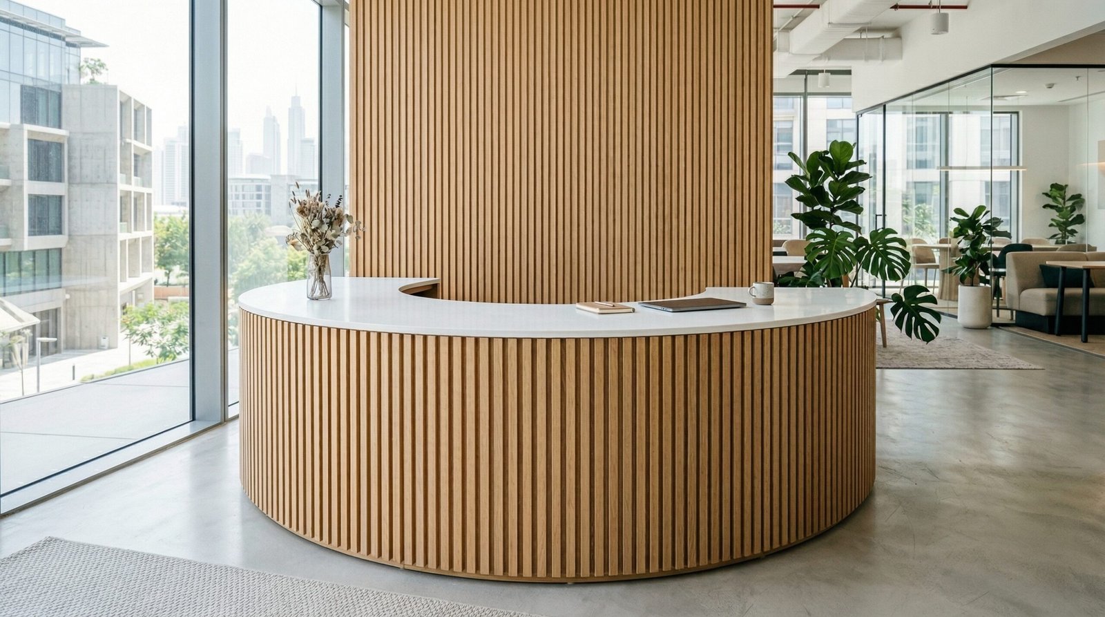 Custom slatted oak wood reception desk, Dubai Design District office fit-out.