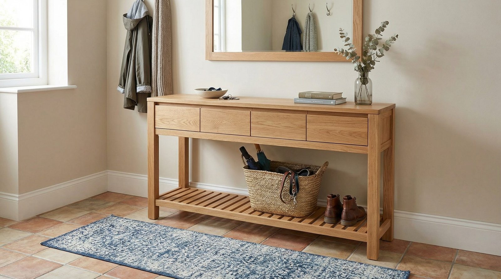 Functional oak console table with drawers and open shelving in a family home entryway.