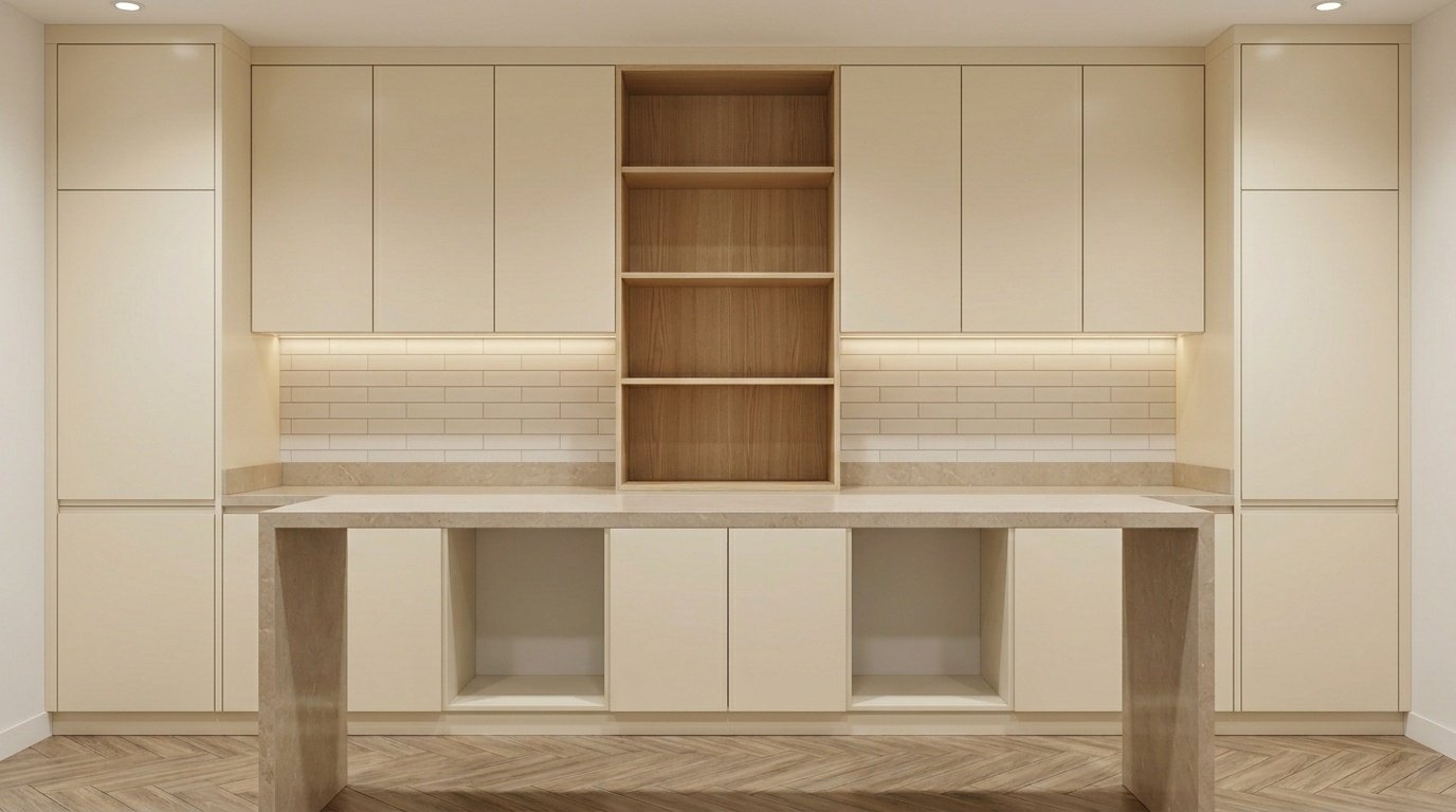 Full-height handle-less pantry cabinetry with ash veneer shelving and stone worktop in a Dubai office break room by Karnak Carpentry