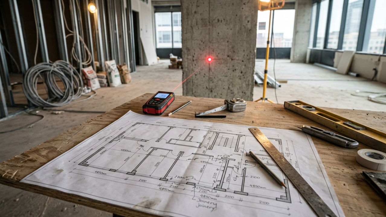 Laser measurement tools and technical floor plans on an active office construction site for custom joinery.