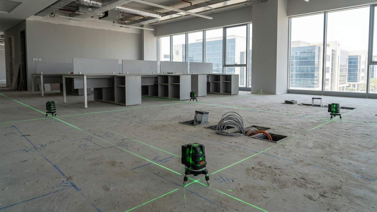 Office space planning underway with laser levels and partially assembled workstations on a Dubai site.