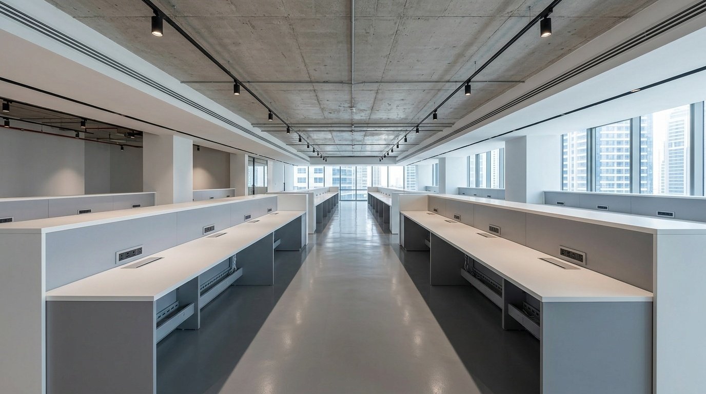 Custom built-in workstation divider system with integrated power sockets in a Dubai open-plan office by Karnak Carpentry