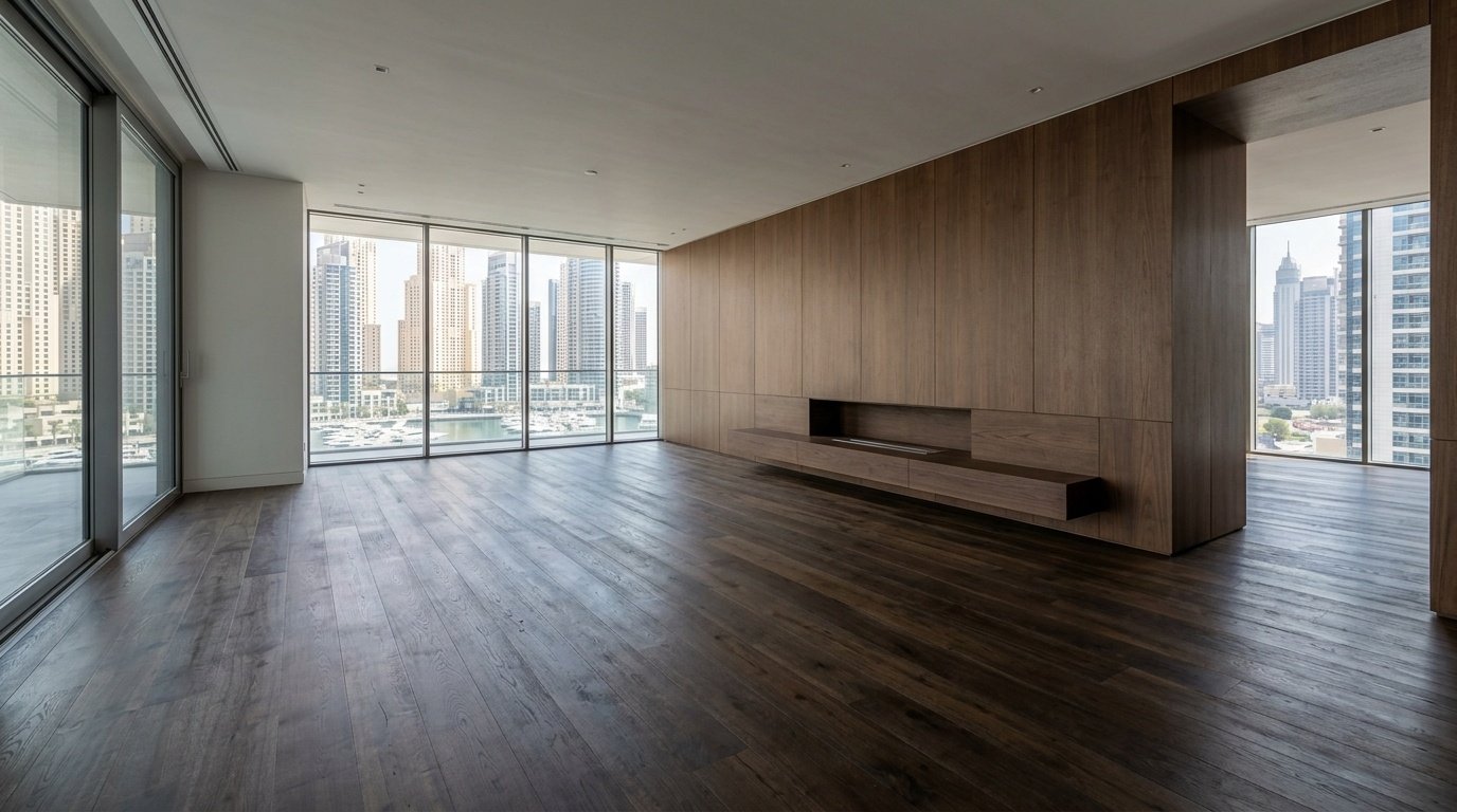 Continuous smoked Oak flooring integrated with wood wall paneling in Dubai.