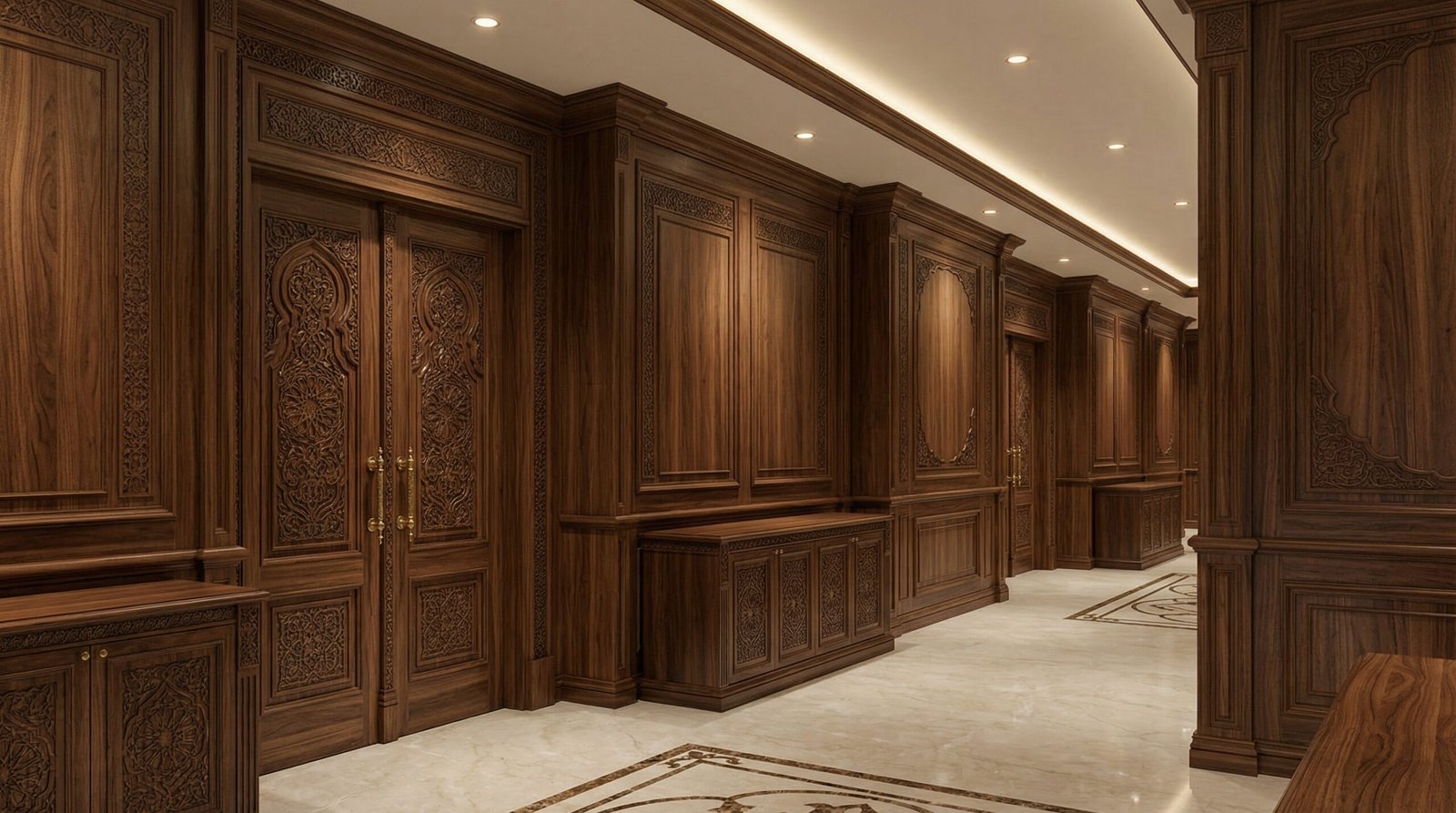 Ornate dark wood built-in credenzas and decorative paneling with Arabian motifs in RAK headquarters.