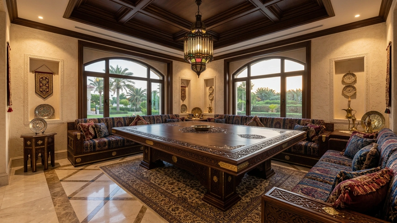 Ornate, custom-built traditional Arabic dining table in a grand Emirates Hills villa, Dubai.