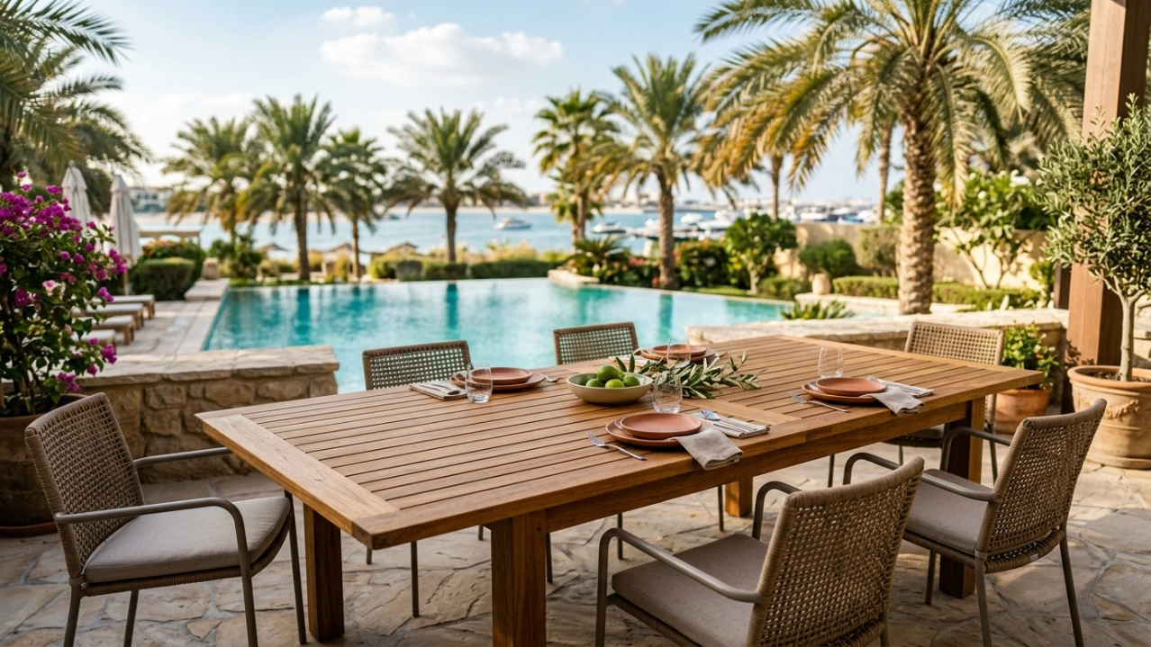 Durable outdoor Iroko wood dining table for a terrace, custom carpentry by Karnak near La Mer.