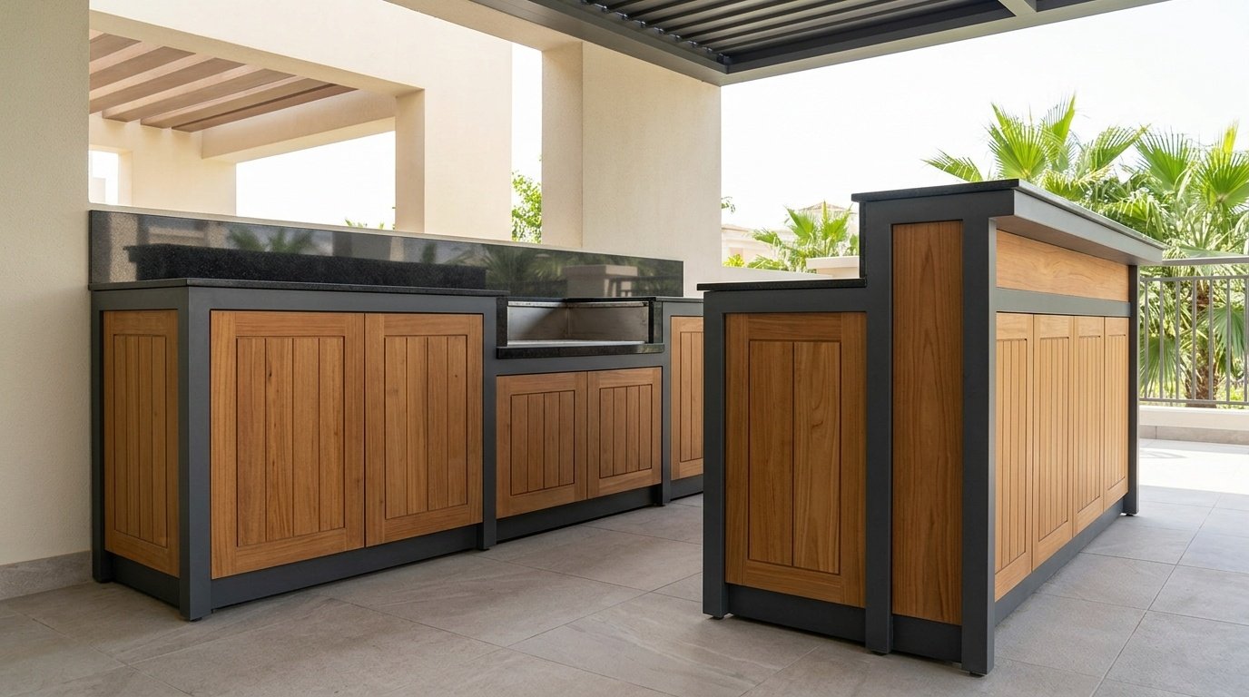 Custom built-in outdoor kitchen cabinetry in teak and aluminium on Al Barsha Dubai villa covered terrace
