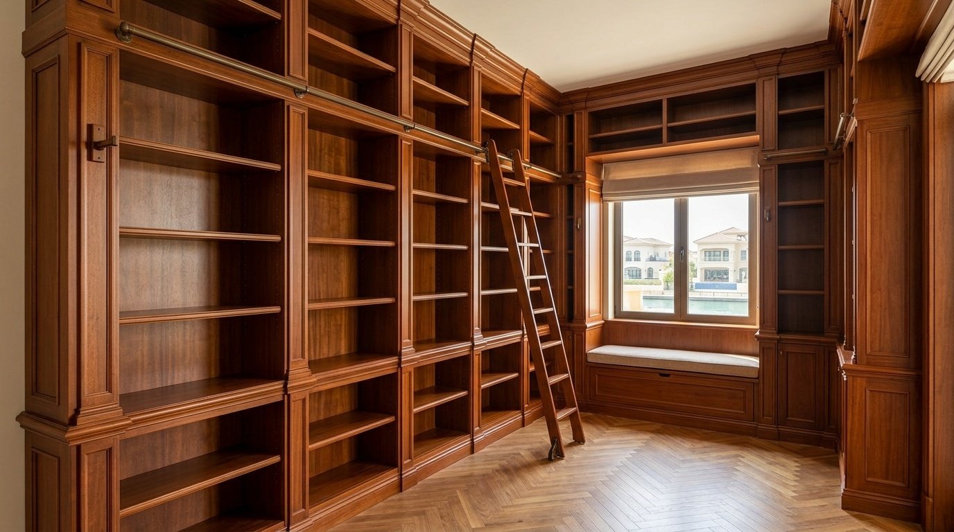 Floor-to-ceiling fitted mahogany home library with rolling ladder rail and window seat bench in a Palm Jumeirah villa by Karnak Carpentry