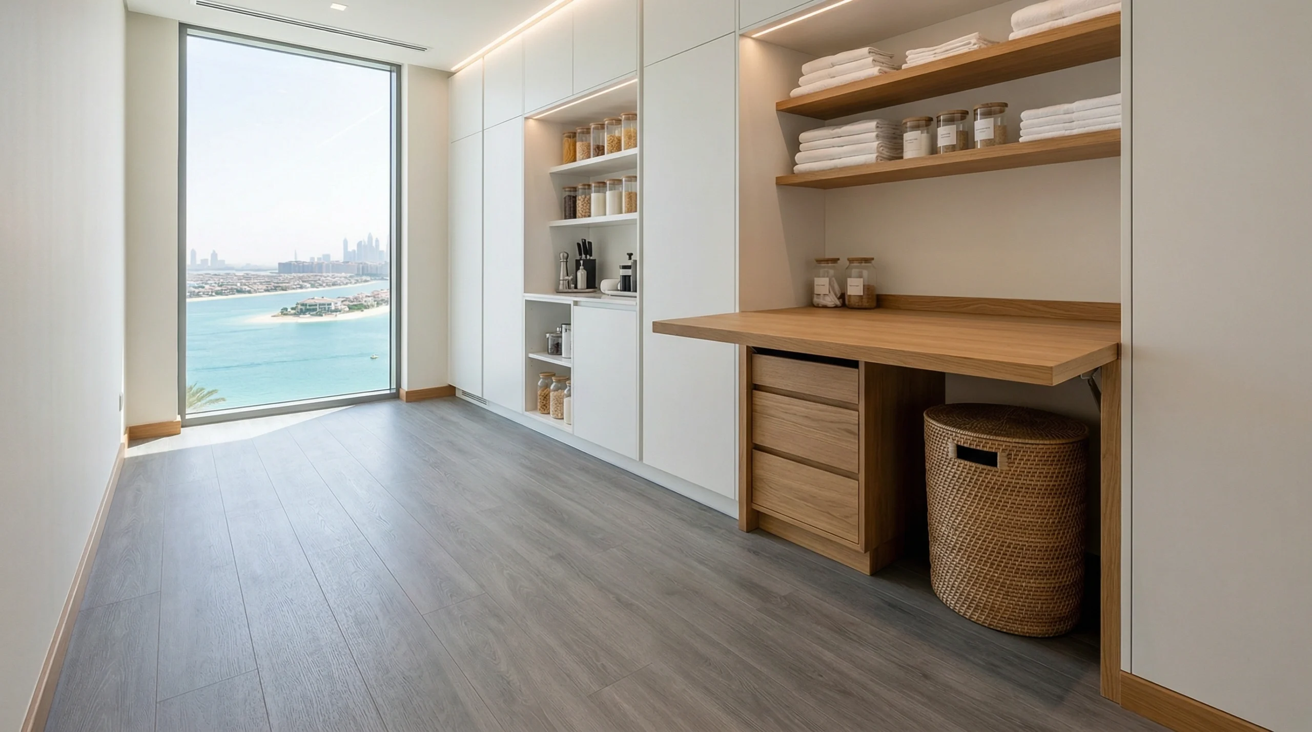 Slip-resistant grey laminate flooring in a luxury laundry room.