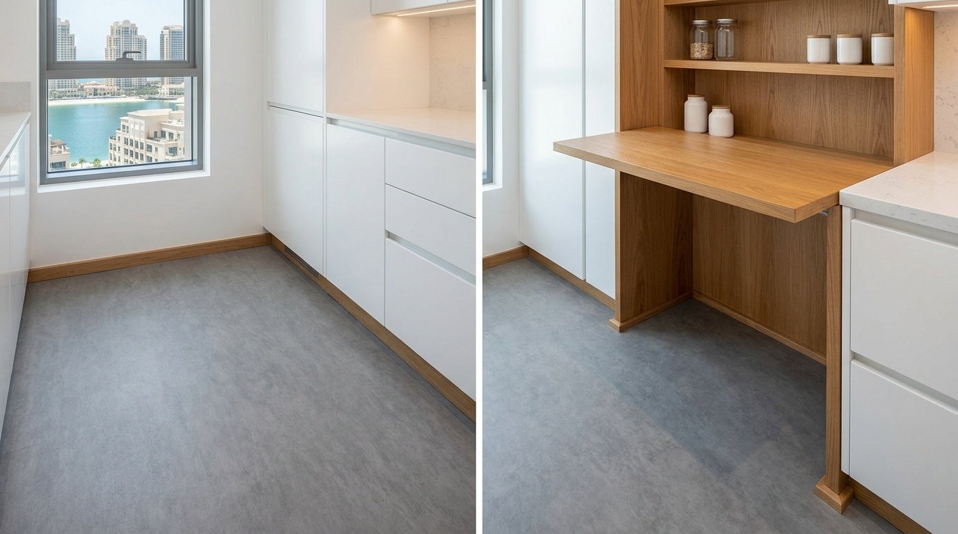 Slip-resistant grey vinyl flooring in a luxury laundry room.