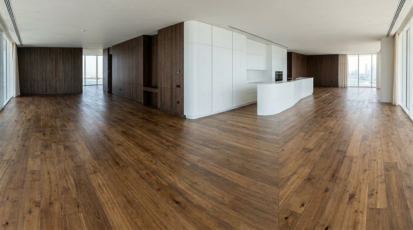 Wide-plank engineered oak flooring in a sprawling Palm Jumeirah penthouse with integrated cabinetry.