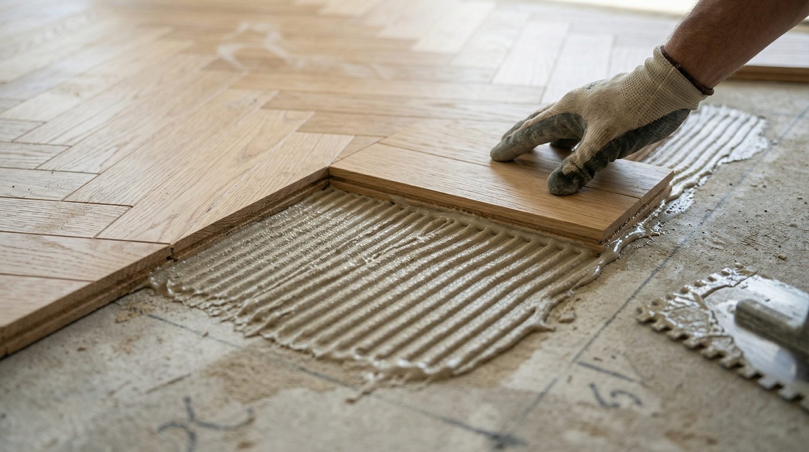 Close-up detail of adhesive application during parquet installation.