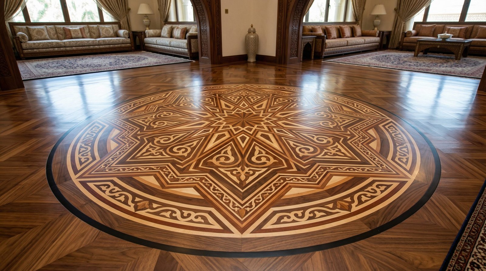 Intricate parquet floor medallion inlay, luxury Majlis in Umm Suqeim.