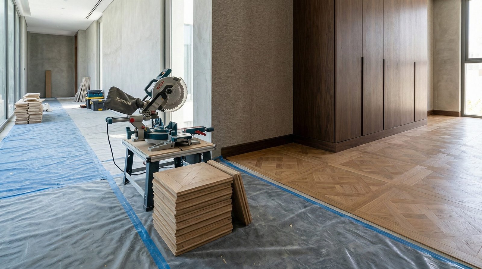 Construction progress shot showing parquet materials and tools prepped in a Dubai villa.