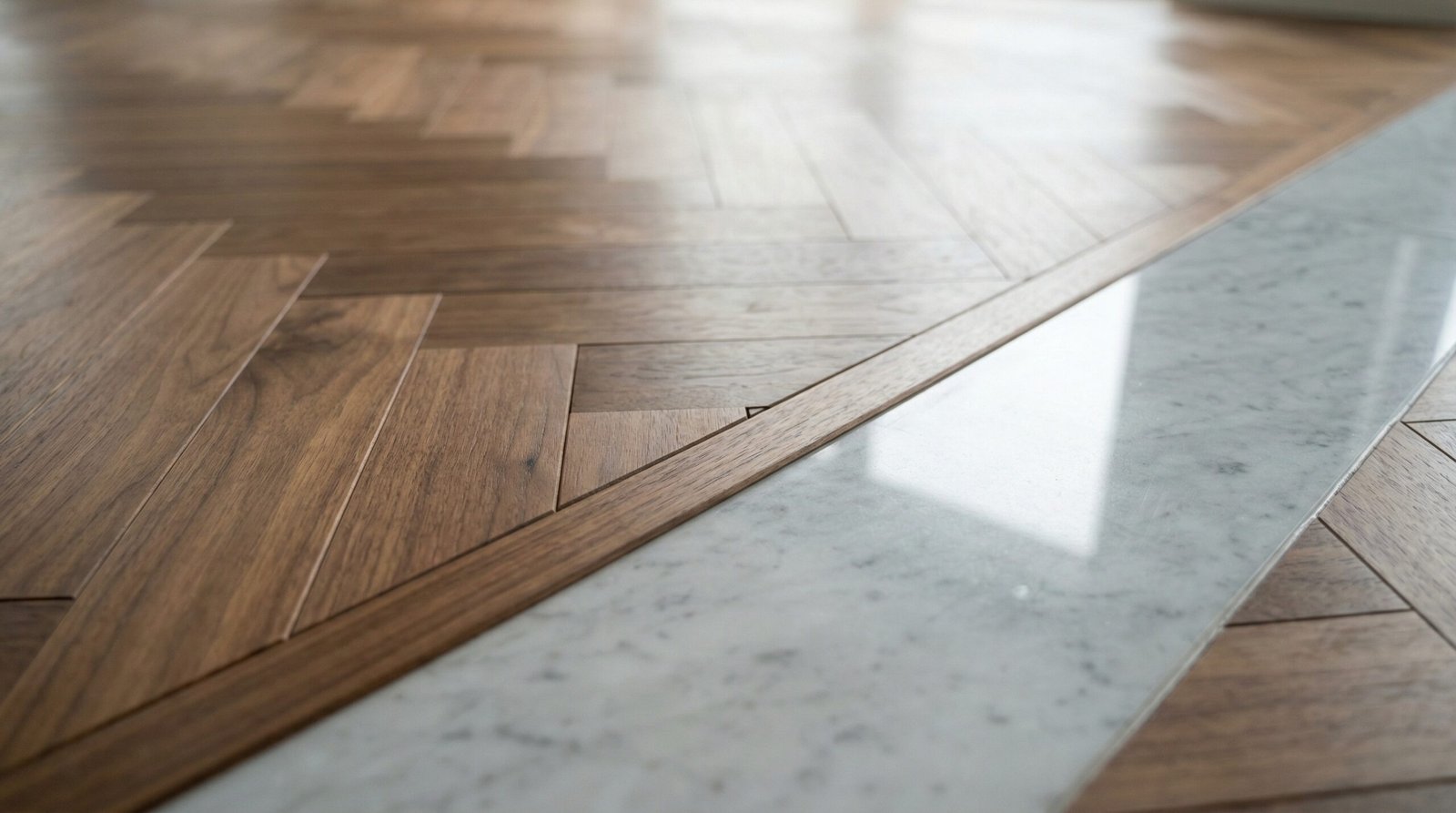 Precise transition detailing where walnut parquet meets a marble border flooring.