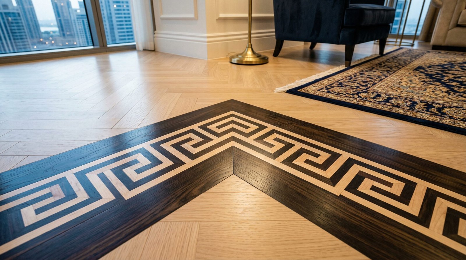Intricate parquet floor border, luxury lounge in Dubai Marina.