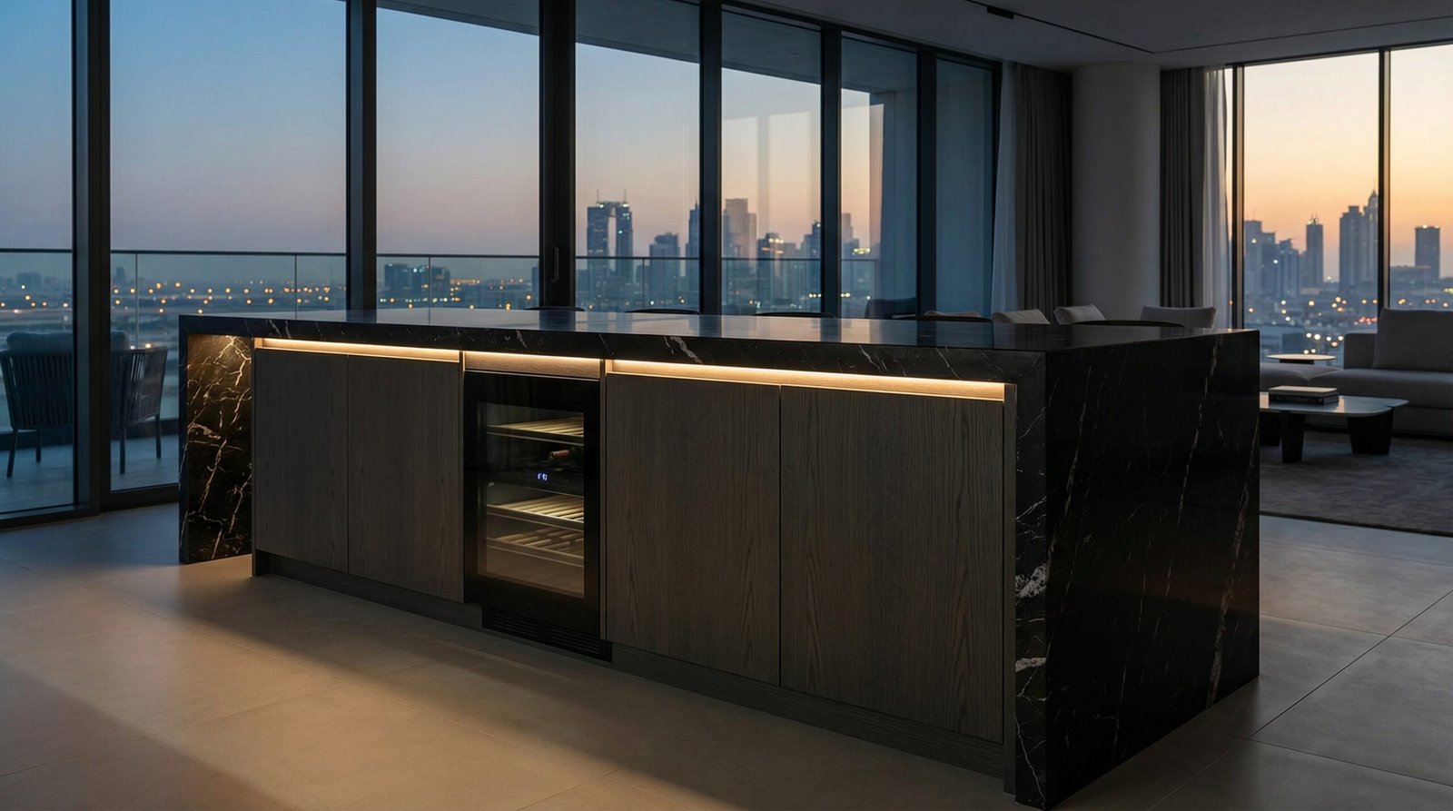 Luxury penthouse entertainment island in dark oak veneer with Nero Marquina marble waterfall countertop and wine cooler in Business Bay