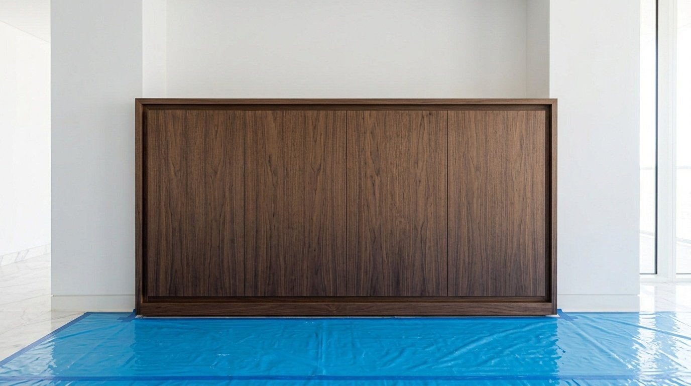 Heavy Walnut Dining Cabinet Perfectly Slotted Into A Recessed Wall Nook.